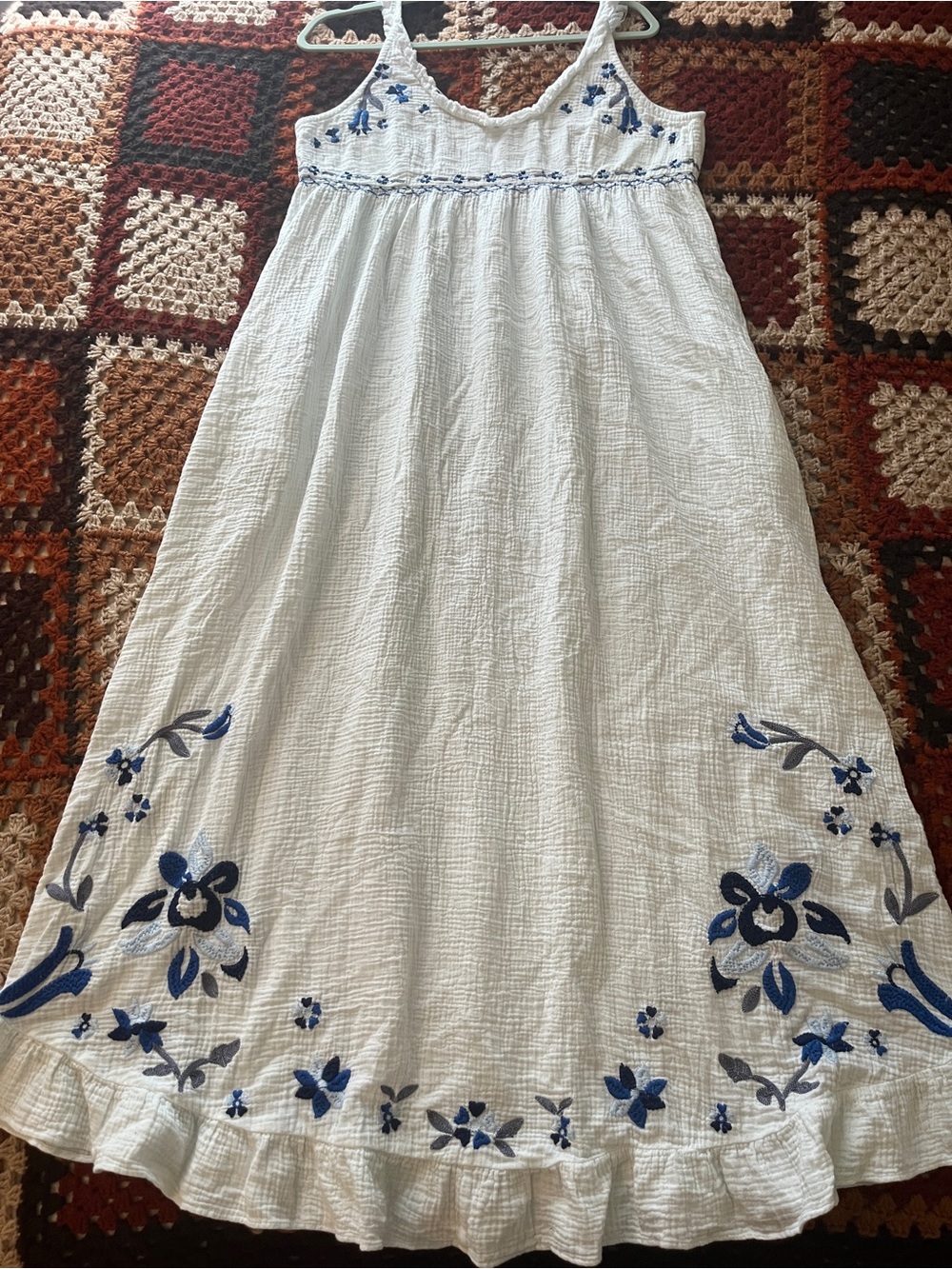 Free People White Maxi Dress with Blue Embroidery
